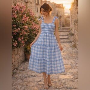Cellecci Blue Gingham Smocked Tie Strap Tiered Midi Dress Size M